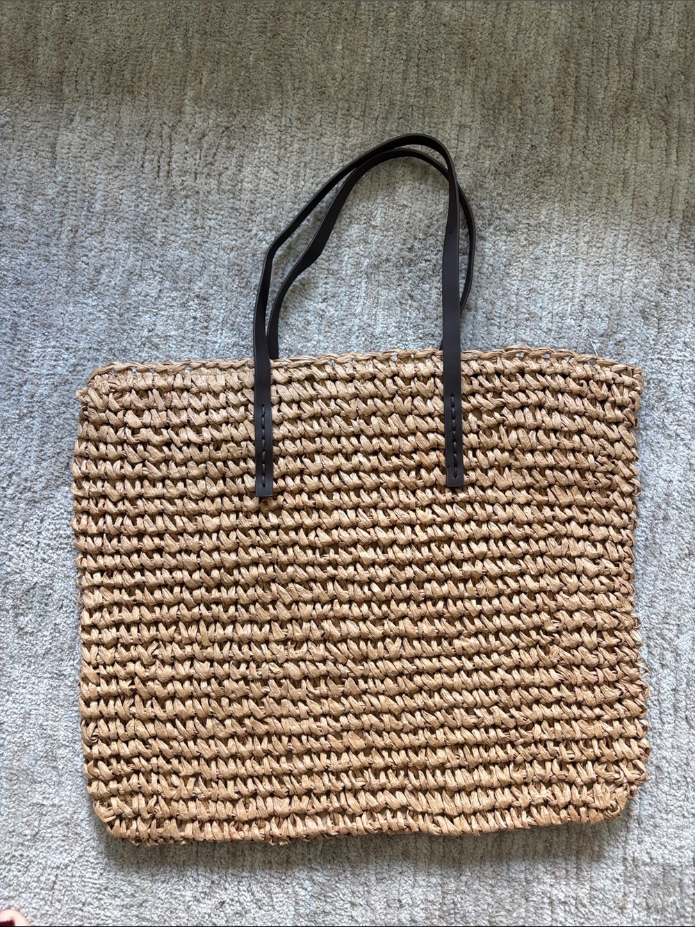 Woven Straw Tote Bag with Dark Brown Handles
